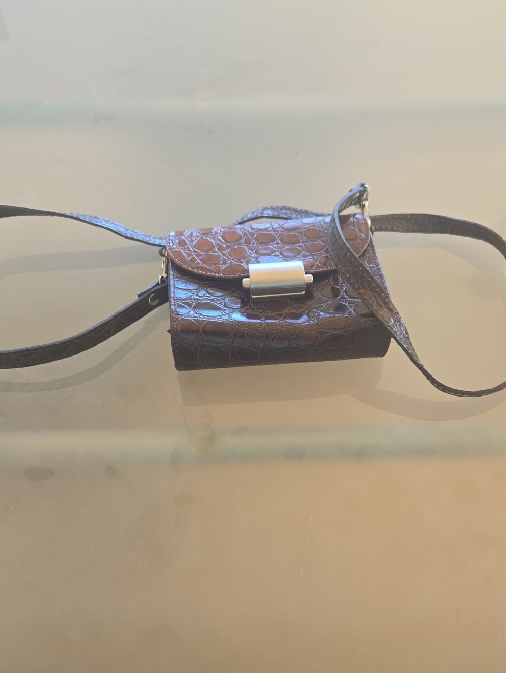 Source Unknown Brown Croc-Embossed Mini Crossbody Bag with Silver Clasp